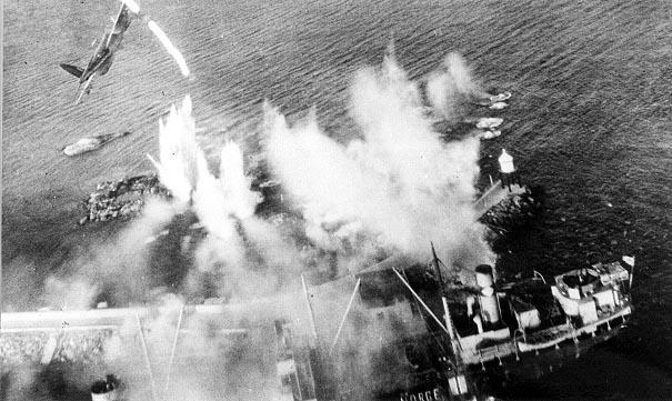 Attack on German Shipping at anchor in a harbour in Holland by RAF Banff